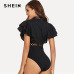 SHEIN Black Lace Insert Layered Ruffle Bodysuit Elegant Cut Out Stand Collar Skinny Bodysuit Women Zipper Plain Summer Bodysuits