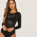 SHEIN Black Long Sleeve Mesh Sheer Bodysuit Sexy Round Neck Skinny Night Out Bodysuits Women Autumn Plain Skinny Bodysuits