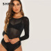 SHEIN Black Long Sleeve Mesh Sheer Bodysuit Sexy Round Neck Skinny Night Out Bodysuits Women Autumn Plain Skinny Bodysuits