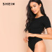 SHEIN Black Minimalist Solid Form Fitting Bodysuit Casual O-Neck Short Sleeve Skinny Bodysuit Women Summer Tshirt Bodysuits