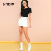 SHEIN Black Minimalist Solid Form Fitting Bodysuit Casual O-Neck Short Sleeve Skinny Bodysuit Women Summer Tshirt Bodysuits