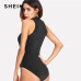 SHEIN Black Mock Neck Glitter Skinny Bodysuit Stand Collar Sleeveless Sexy Rompers 2018 Women New Clothing Plain Bodysuit