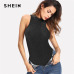 SHEIN Black Mock Neck Glitter Skinny Bodysuit Stand Collar Sleeveless Sexy Rompers 2018 Women New Clothing Plain Bodysuit