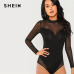 SHEIN Black Office Lady Elegant Mock Neck Mesh Panel Long Sleeve Skinny Solid Bodysuit 2018 Autumn Sexy Casual Women Bodysuits