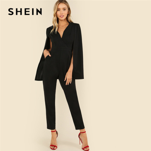 SHEIN Black Party Elegant Wrap Plunging V Neck Cloak Long Sleeve Solid High Waist Maxi Jumpsuit Autumn Women Casual Jumpsuit