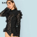 SHEIN Black Party Sexy Ruffle Embellished Sheer Lace Long Sleeve Solid Skinny Bodysuit Autumn Night Out Fashion Women Bodysuits