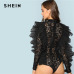 SHEIN Black Party Sexy Ruffle Embellished Sheer Lace Long Sleeve Solid Skinny Bodysuit Autumn Night Out Fashion Women Bodysuits