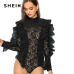 SHEIN Black Party Sexy Ruffle Embellished Sheer Lace Long Sleeve Solid Skinny Bodysuit Autumn Night Out Fashion Women Bodysuits