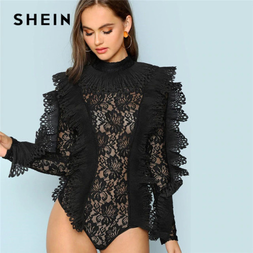 SHEIN Black Party Sexy Ruffle Embellished Sheer Lace Long Sleeve Solid Skinny Bodysuit Autumn Night Out Fashion Women Bodysuits