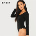 SHEIN Black Party Sexy Scallop Trim Long Sleeve Solid Minimalist Bodysuit 2018 Autumn Elegant Women Bodysuits