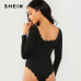 SHEIN Black Party Sexy Scallop Trim Long Sleeve Solid Minimalist Bodysuit 2018 Autumn Elegant Women Bodysuits