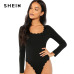 SHEIN Black Party Sexy Scallop Trim Long Sleeve Solid Minimalist Bodysuit 2018 Autumn Elegant Women Bodysuits