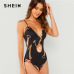 SHEIN Black Plunging Neck Form Fitting Cami Bodysuit Sexy Deep V Neck Sleeveless Bodysuits Women Summer Skinny Party Bodysuits