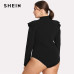 SHEIN Black Ruffle Embellished Shoulder Long Sleeve Plus Size Women Slim Fit Bodysuit Office Lady Autumn Winter Solid Bodysuit