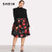 SHEIN Black Ruffle Embellished Shoulder Long Sleeve Plus Size Women Slim Fit Bodysuit Office Lady Autumn Winter Solid Bodysuit