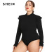 SHEIN Black Ruffle Embellished Shoulder Long Sleeve Plus Size Women Slim Fit Bodysuit Office Lady Autumn Winter Solid Bodysuit