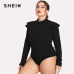 SHEIN Black Ruffle Embellished Shoulder Long Sleeve Plus Size Women Slim Fit Bodysuit Office Lady Autumn Winter Solid Bodysuit