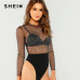 SHEIN Black Sexy Party Frill Neck Semi Sheer Mid Waist Solid Bodysuit Without Bra 2018 Autumn Club Fashion Women Bodysuits