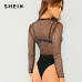 SHEIN Black Sexy Party Frill Neck Semi Sheer Mid Waist Solid Bodysuit Without Bra 2018 Autumn Club Fashion Women Bodysuits