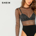 SHEIN Black Sexy Party Frill Neck Semi Sheer Mid Waist Solid Bodysuit Without Bra 2018 Autumn Club Fashion Women Bodysuits