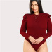 SHEIN Burgundy Long Sleeve Ruffle Casual Women Plus Size Bodysuit 2018 Autumn Mock Neck Frill Shoulder Stretchy Solid Bodysuits