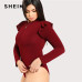 SHEIN Burgundy Long Sleeve Ruffle Casual Women Plus Size Bodysuit 2018 Autumn Mock Neck Frill Shoulder Stretchy Solid Bodysuits