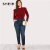 SHEIN Burgundy Long Sleeve Ruffle Casual Women Plus Size Bodysuit 2018 Autumn Mock Neck Frill Shoulder Stretchy Solid Bodysuits