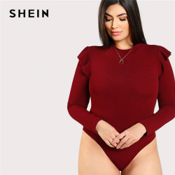 SHEIN Burgundy Long Sleeve Ruffle Casual Women Plus Size Bodysuit 2018 Autumn Mock Neck Frill Shoulder Stretchy Solid Bodysuits