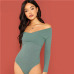 SHEIN Green Cross Wrap Front Rib Knit Bardot Bodysuit Elegant Off the Shoulder Skinny Bodysuits Women Autumn Plain Bodysuit