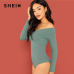 SHEIN Green Cross Wrap Front Rib Knit Bardot Bodysuit Elegant Off the Shoulder Skinny Bodysuits Women Autumn Plain Bodysuit