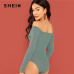 SHEIN Green Cross Wrap Front Rib Knit Bardot Bodysuit Elegant Off the Shoulder Skinny Bodysuits Women Autumn Plain Bodysuit