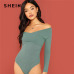 SHEIN Green Cross Wrap Front Rib Knit Bardot Bodysuit Elegant Off the Shoulder Skinny Bodysuits Women Autumn Plain Bodysuit