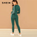 SHEIN Green Highstreet Raglan Sleeve Striped Side Zip Front Mid Waist Long Sleeve Jumpsuit Autumn Fashion Party Women Jumpsuits