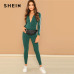 SHEIN Green Highstreet Raglan Sleeve Striped Side Zip Front Mid Waist Long Sleeve Jumpsuit Autumn Fashion Party Women Jumpsuits