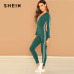 SHEIN Green Highstreet Raglan Sleeve Striped Side Zip Front Mid Waist Long Sleeve Jumpsuit Autumn Fashion Party Women Jumpsuits