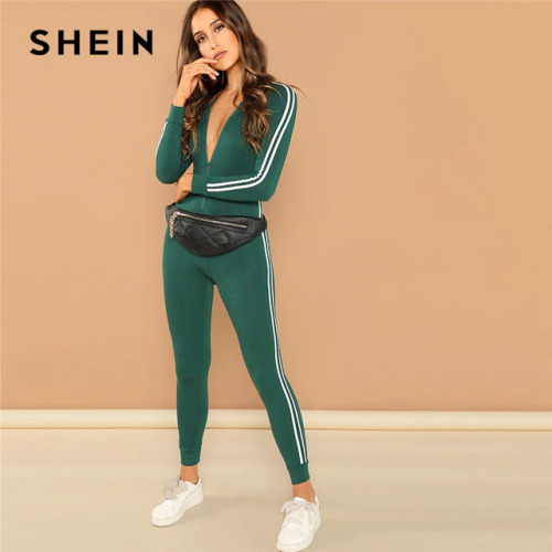 SHEIN Green Highstreet Raglan Sleeve Striped Side Zip Front Mid Waist Long Sleeve Jumpsuit Autumn Fashion Party Women Jumpsuits