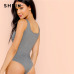 SHEIN Grey Casual Sexy Heather Tank Solid Square Neck Mid Waist Skinny Bodysuit Summer Women Going Out Bodysuits