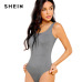 SHEIN Grey Casual Sexy Heather Tank Solid Square Neck Mid Waist Skinny Bodysuit Summer Women Going Out Bodysuits