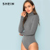 SHEIN Grey Elegant Modern Lady High Neck Heather Knit Mid Waist Solid Skinny Bodysuit 2018 Autumn Casual Women Bodysuits