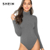 SHEIN Grey Elegant Modern Lady High Neck Heather Knit Mid Waist Solid Skinny Bodysuit 2018 Autumn Casual Women Bodysuits