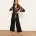 SHEIN Lady Elegant Floral Print Wrap Bodice Wide Leg Jumpsuit Spring Deep V Neck Knot Hem Flounce Sleeve Workwear Jumpsuits