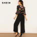 SHEIN Lady Elegant Floral Print Wrap Bodice Wide Leg Jumpsuit Spring Deep V Neck Knot Hem Flounce Sleeve Workwear Jumpsuits