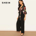 SHEIN Lady Elegant Floral Print Wrap Bodice Wide Leg Jumpsuit Spring Deep V Neck Knot Hem Flounce Sleeve Workwear Jumpsuits