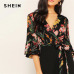 SHEIN Lady Elegant Floral Print Wrap Bodice Wide Leg Jumpsuit Spring Deep V Neck Knot Hem Flounce Sleeve Workwear Jumpsuits