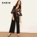 SHEIN Lady Elegant Floral Print Wrap Bodice Wide Leg Jumpsuit Spring Deep V Neck Knot Hem Flounce Sleeve Workwear Jumpsuits