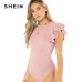 SHEIN Layered Ruffle Detail Textured Bodysuit 2018 Summer Round Neck Ruffle Bodysuit Clothing Women Pink Solid Casual Bodysuit