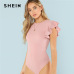 SHEIN Layered Ruffle Detail Textured Bodysuit 2018 Summer Round Neck Ruffle Bodysuit Clothing Women Pink Solid Casual Bodysuit