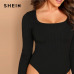 SHEIN Modern Lady Black Square Neck Form Fitting Skinny Mid Waist  Long Sleeve Bodysuit Women Autumn Plain Elegant Bodysuits