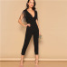 SHEIN Party Black Plunging Neck Fringe Fitted Skinny Jumpsuit 2019 Summer Women Maxi Deep V Neck Long Sleeve Jumpsuit