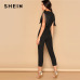 SHEIN Party Black Plunging Neck Fringe Fitted Skinny Jumpsuit 2019 Summer Women Maxi Deep V Neck Long Sleeve Jumpsuit